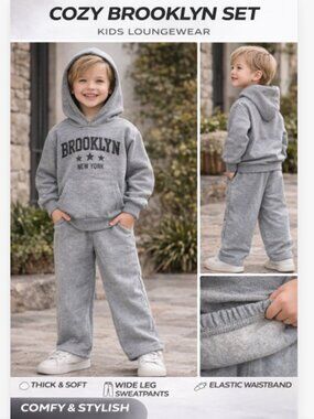 Brooklyn New York 2 Piece Set Hoodie & Wide Leg Pants Gray Cozy Lounge Set Size